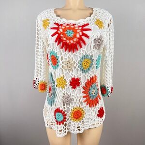 V Cristina Crochet Top Women XL Floral Hippie Lined White Boho Festival Top